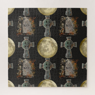 Gothic R.I.P. Headstone Celtic Cross Full Moon Art Jigsaw Puzzle
