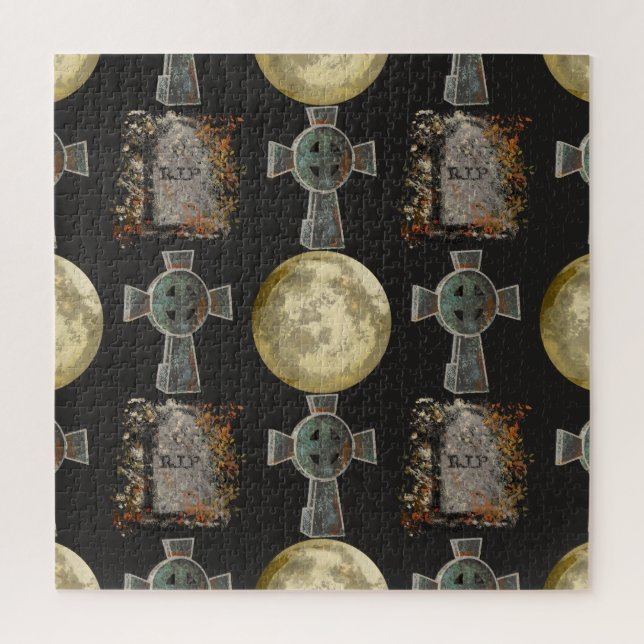 Gothic R.I.P. Headstone Celtic Cross Full Moon Art Jigsaw Puzzle (Vertical)