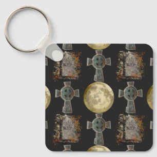 Gothic R.I.P. Headstone Celtic Cross Full Moon Art Key Ring