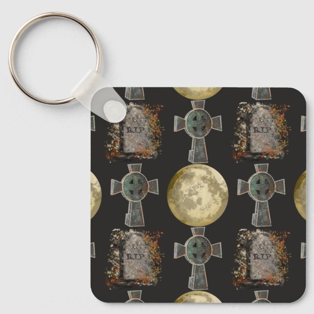 Gothic R.I.P. Headstone Celtic Cross Full Moon Art Key Ring (Front)
