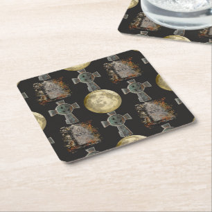 Gothic R.I.P. Headstone Celtic Cross Full Moon Art Square Paper Coaster