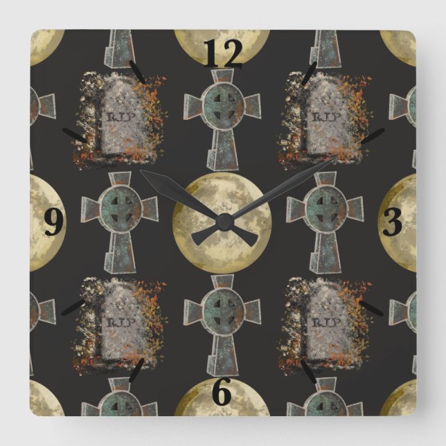 Gothic R.I.P. Headstone Celtic Cross Full Moon Art Square Wall Clock (Front)
