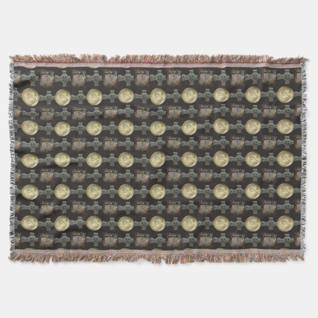 Gothic R.I.P. Headstone Celtic Cross Full Moon Art Throw Blanket (Front)
