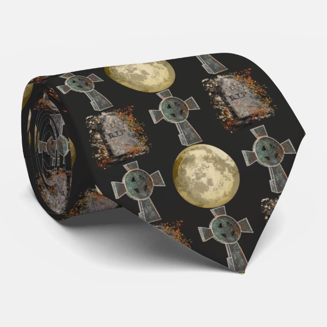 Gothic R.I.P. Headstone Celtic Cross Full Moon Art Tie (Rolled)