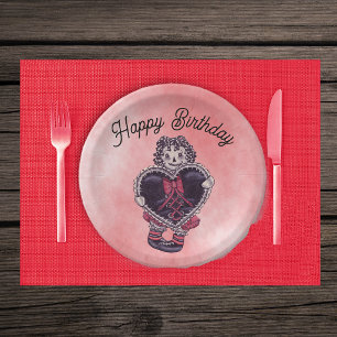Gothic Rag Doll Black Heart Red bow Birthday Pink Paper Plate