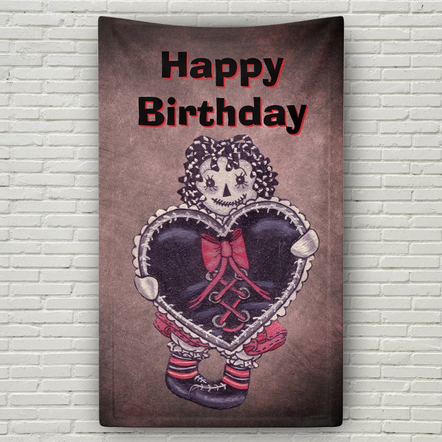 Gothic Rag Doll Lace Trimmed black Heart Red Black Banner (Gothic rag doll red dress with lace trimmed black hearts on black, grey and pink Bithday backdrop.)