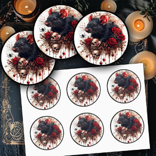 Gothic Rat with Roses and Black Outline Classic Round Sticker