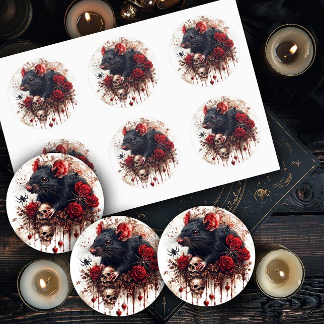 Gothic Rat with Roses Classic Round Sticker (Creator Uploaded)