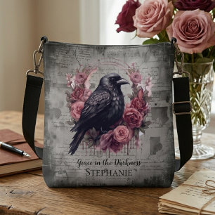 Gothic Raven and Pink Roses Dark Academia Crossbody Bag