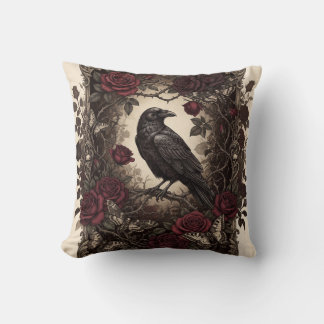 Gothic Raven and Red Roses Vintage Frame Design Cushion