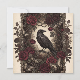 Gothic Raven and Red Roses Vintage Frame Design Holiday Card