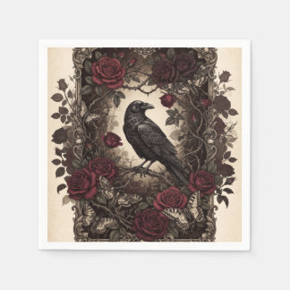 Gothic Raven and Red Roses Vintage Frame Design Napkin