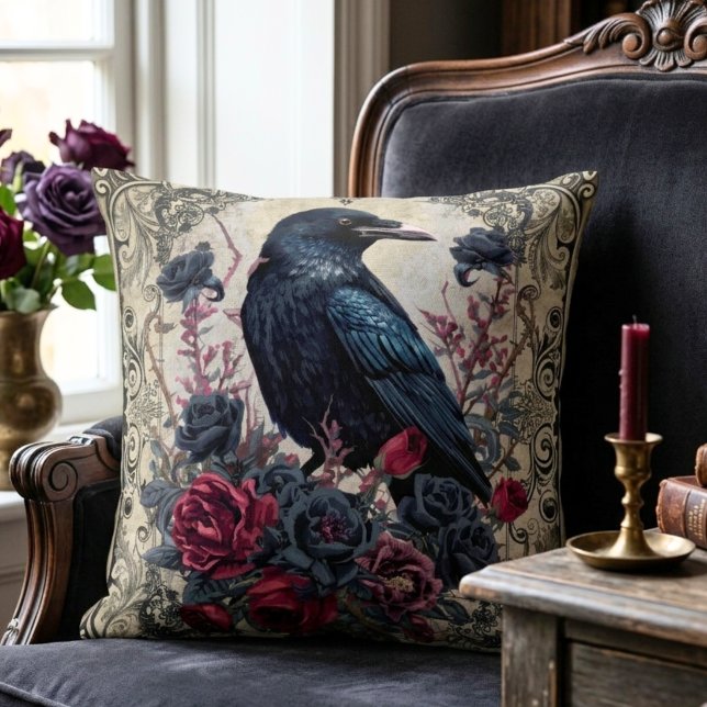 Gothic Raven and Roses Cushion (Dark Academia Gothic Raven floral throw pillow)