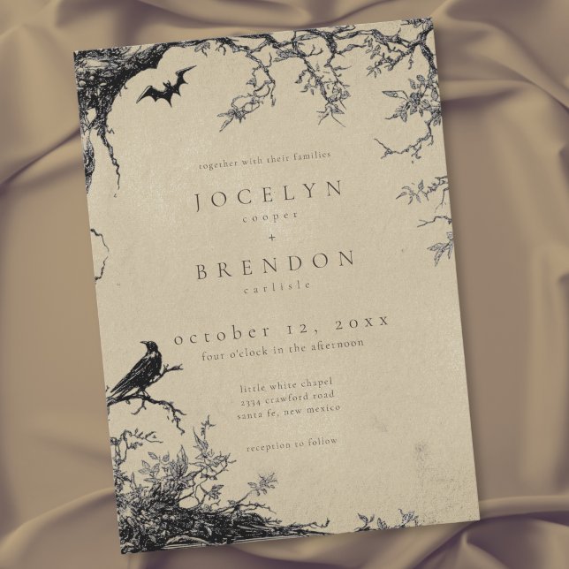 Gothic Raven Bat Tree Engraving Black Tan Wedding Invitation (Gothic Raven Bat Tree Engraving Black Tan Wedding Invitation)