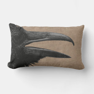 Gothic Raven Bird & Faux Burlap Lumbar Cushion