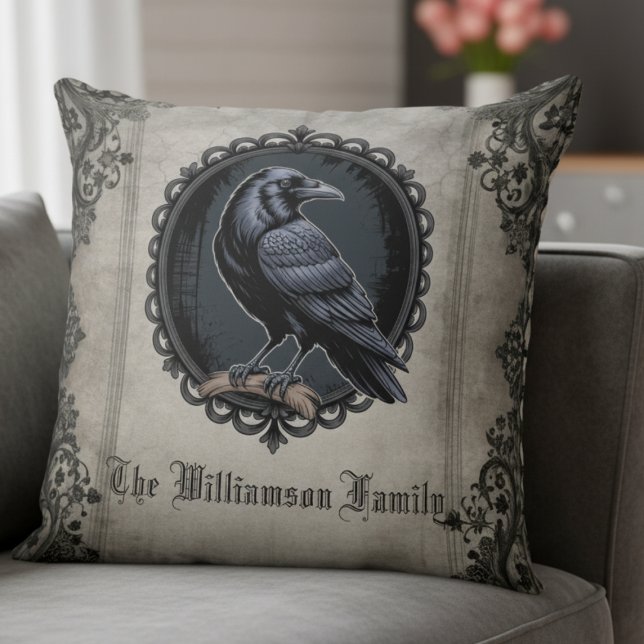 Gothic Raven Black Vintage Cushion (Personalized vintage black raven pillow)