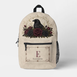 Gothic Raven Burgundy Roses Initial Dark Academia Printed Backpack