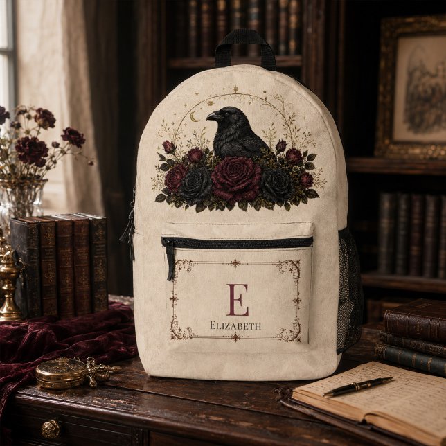 Gothic Raven Burgundy Roses Initial Dark Academia Printed Backpack (Gothic Raven Burgundy Roses Initial Dark Academia Printed Backpack)