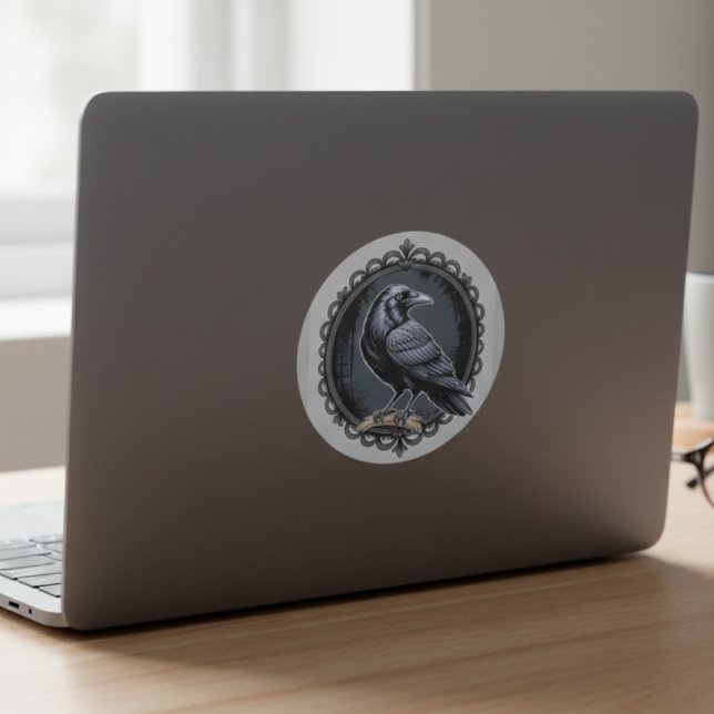 Gothic Raven Crow Dark Academia Style Classic Round Sticker (Gothic raven decal for the dark academia fan — perfect birthday gift idea for literary souls.)
