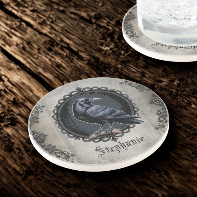 Gothic Raven Dark Academia Coaster (Gothic raven personalized drink coaster)