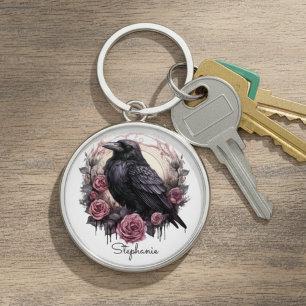 Gothic Raven Dark Academia Floral Key Ring