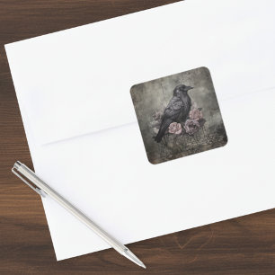 Gothic Raven Dark Academia Floral Square Sticker