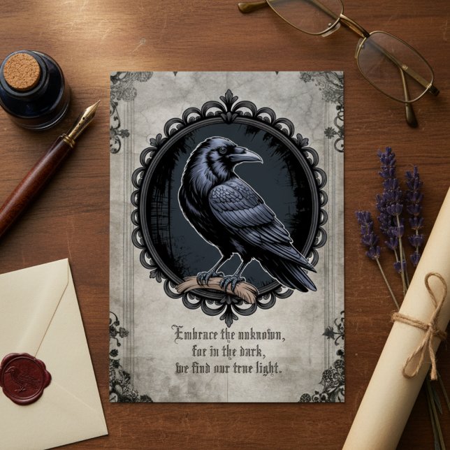 Gothic Raven Dark Academia Vintage Style Note Card (Dark academia raven note card for the literary soul — unique birthday gift idea for her.)