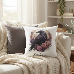 Gothic Raven Floral Dark Academia Cushion