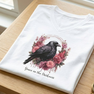 Gothic Raven Floral Dark Academia V-Neck T-Shirt