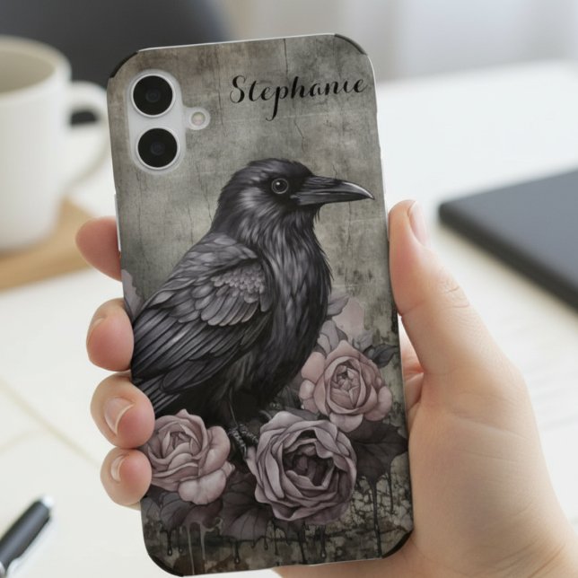 Gothic Raven Floral iPhone 16 Case (Gothic raven phone case with roses for alternative style fans for daily phone protection)