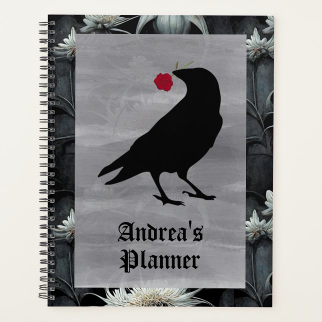 Gothic raven holding red rose planner customisable (Front)