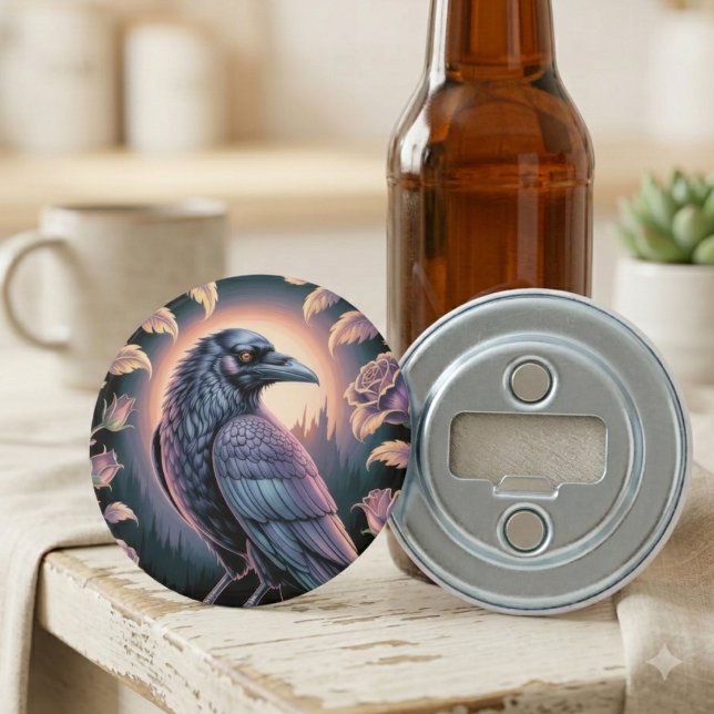 Gothic Raven Home Bar Decor Bottle Opener (A gothic raven bottle opener styled on a cozy kitchen counter for a friend’s housewarming gift.)