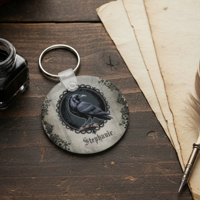 Gothic Raven Lover Dark Academia Aesthetic Key Ring (Gothic raven keychain for the dark academia fan — unique birthday gift idea for him or her.)