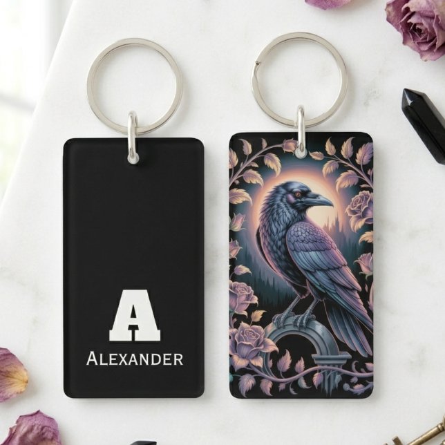 Gothic Raven Lover Dark Academia Floral Key Ring (Moody gothic raven and roses design for the dark academia fan — great birthday gift idea for her.)