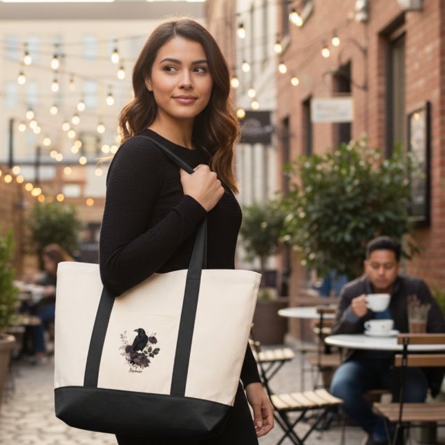 Gothic Raven & Midnight Blooms Tote Bag (Personalized black raven floral tote bag)