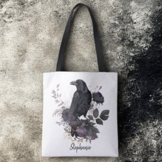 Gothic Raven & Midnight Blooms Tote Bag