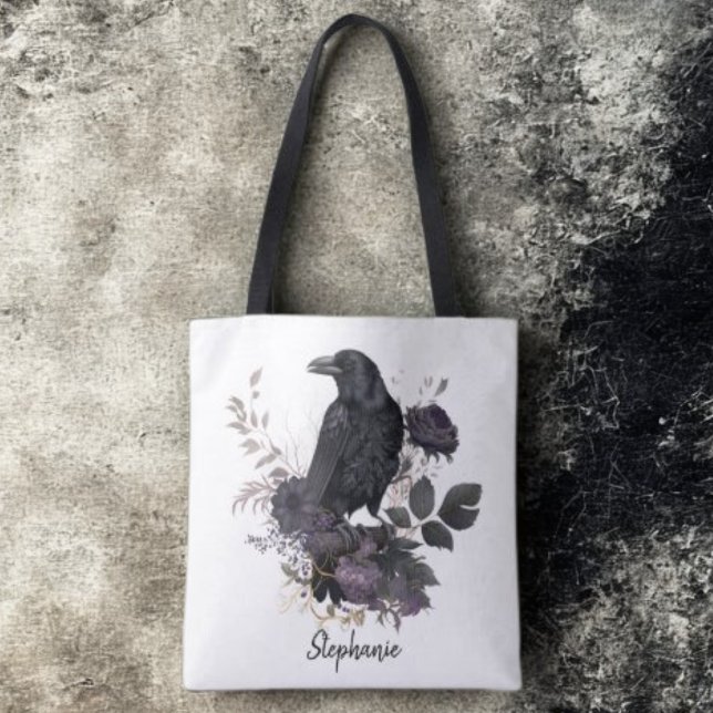 Gothic Raven & Midnight Blooms Tote Bag (Floral black raven personalized tote bag)