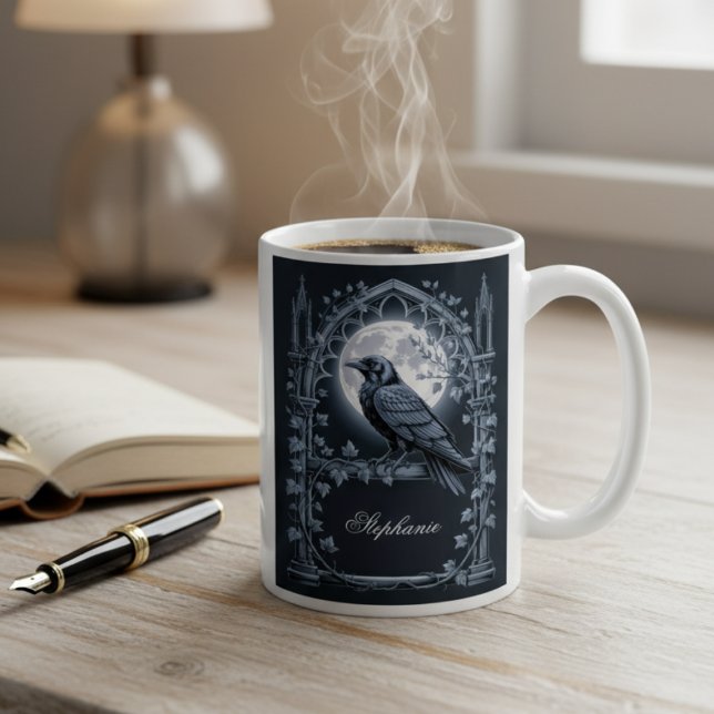 Gothic Raven Moonlit Dark Academia Coffee Mug (A moody raven mug on a wooden desk, perfect for a book lover's birthday coffee break.
)