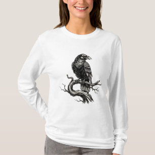 Gothic Raven on Tree Branch- Dark Halloween T-Shirt