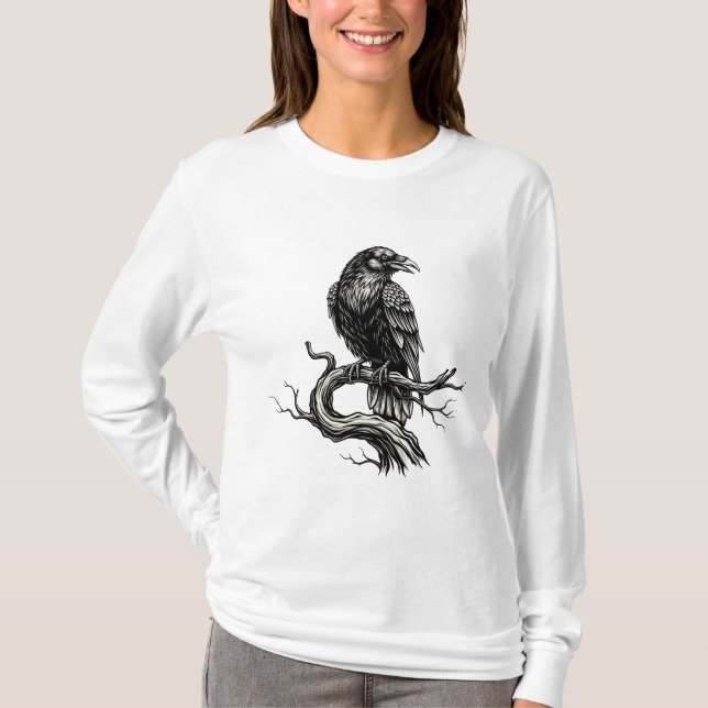 Gothic Raven on Tree Branch- Dark Halloween T-Shirt (Front)