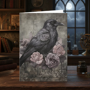 Gothic Raven Pink Floral Dark Academia Card