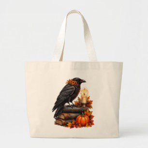 Gothic Raven Pumpkin Halloween Books Large Tote Bag