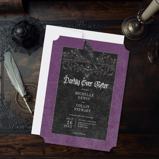 Gothic Raven Purple Darkly Ever After Wedding Invitation (Creator Uploaded)