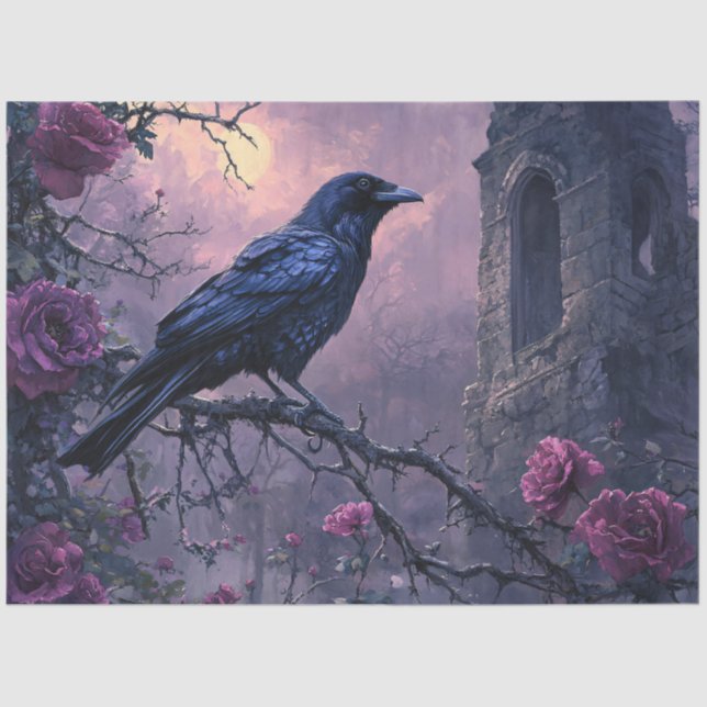 Gothic Raven Purple Roses Decoupage Tissue Paper (Front)