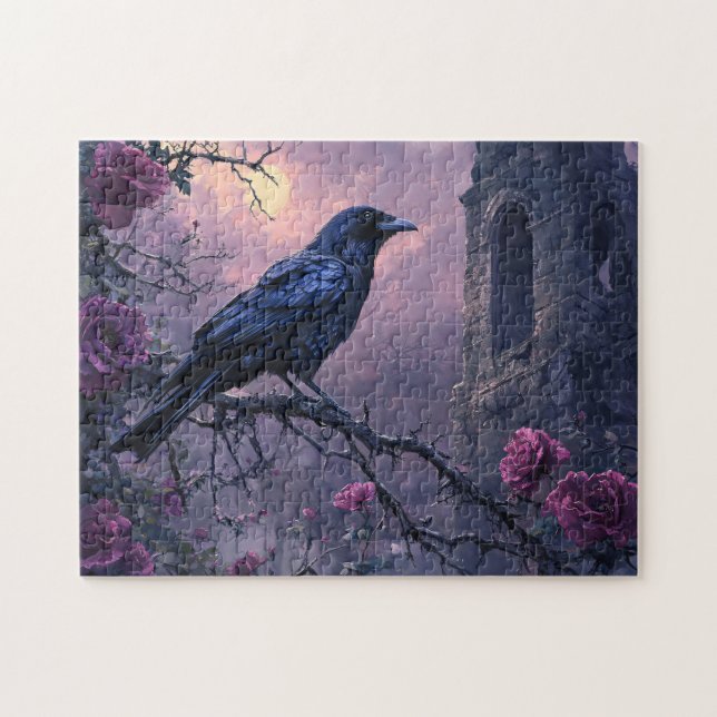 Gothic Raven Purple Roses Jigsaw Puzzle (Horizontal)