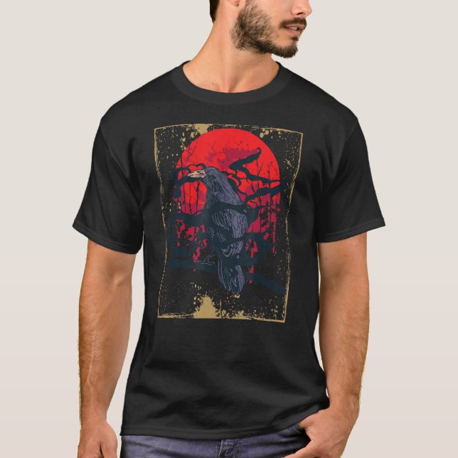 Gothic Raven Red Moon Black Crow T-Shirt (Front)
