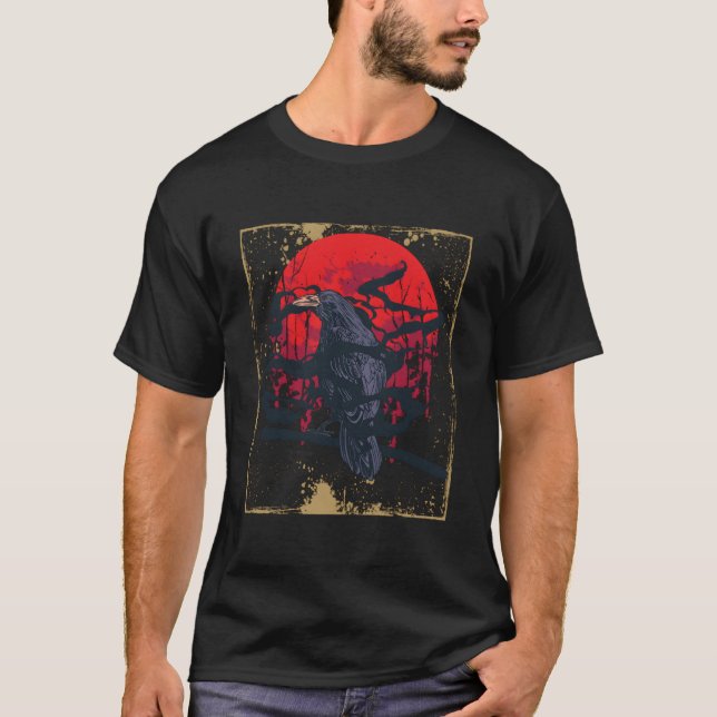 Gothic Raven Red Moon Black Crow T-Shirt (Front)