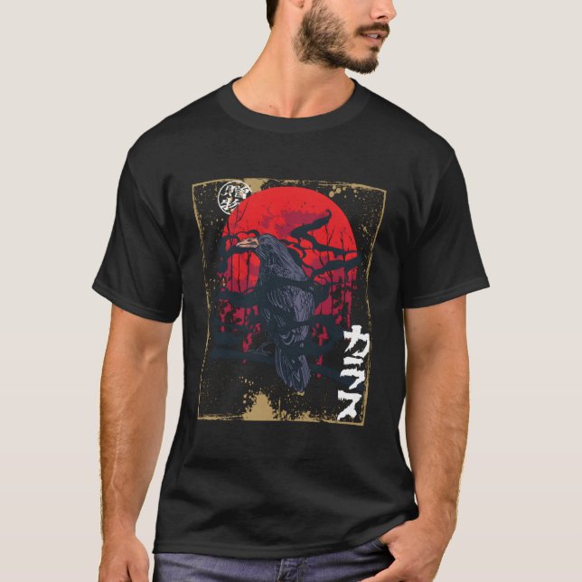 Gothic Raven Red Moon Black Crow T-Shirt (Front)