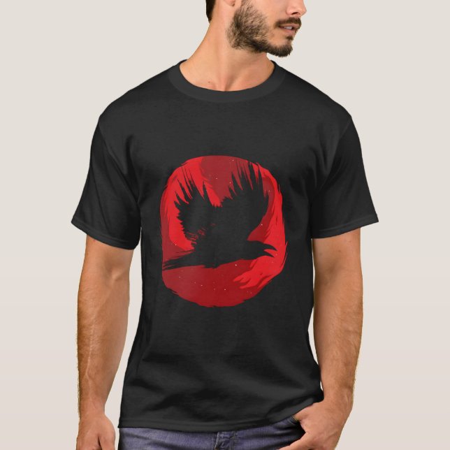 Gothic Raven Red Moon Black Crow T-Shirt (Front)