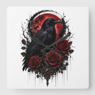 Gothic Raven Red Moon & Roses Wall Clock